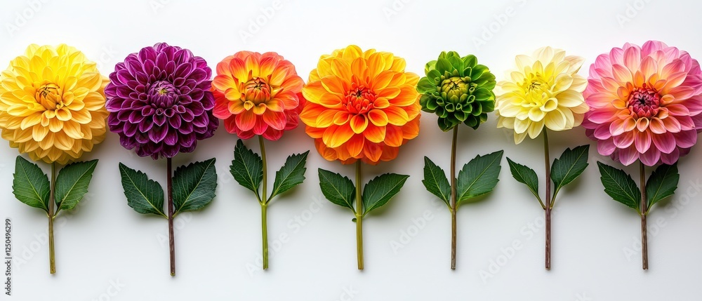 Poster minimalistic composition of colorful dahlias in a row on a white background with green leaves