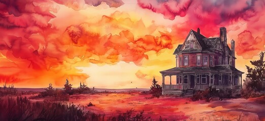 Abandoned Victorian house under dramatic sunset sky with vibrant colors, copy space for text