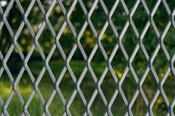 A close up of a metal fence with a pattern of squares