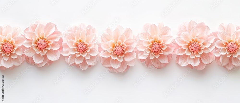 Poster minimalistic arrangement of soft pink dahlias in a neat row on a white background for elegant floral