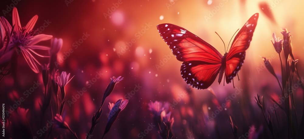 Poster vibrant butterfly in a colorful flower field during sunset with soft bokeh effect, copy space for te