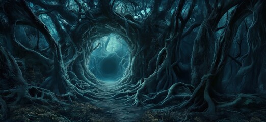 Mysterious forest pathway leading to dark portal surrounded by twisted trees, copy space for text