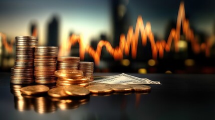 Stacks of coins and money with a city background and stock graph chart highlighting Employee Provident Fund, EPF account growth, employee savings, and benefits