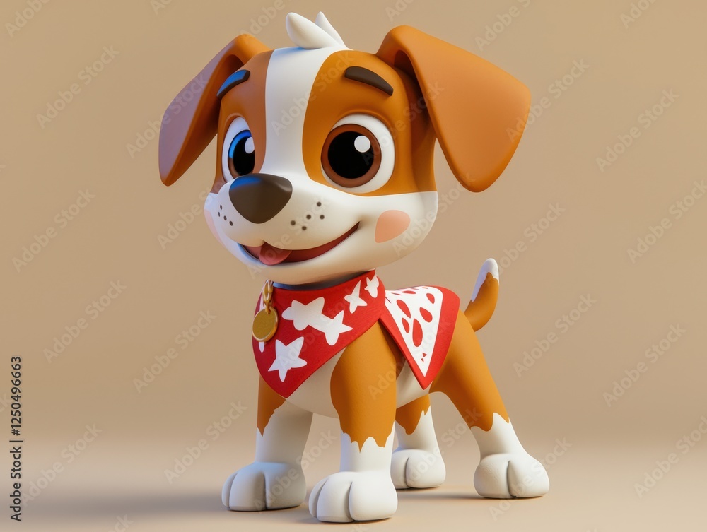 Aufkleber friendly 3d rendering of a playful dog with floppy ears wearing a colorful bandana in a bright studi