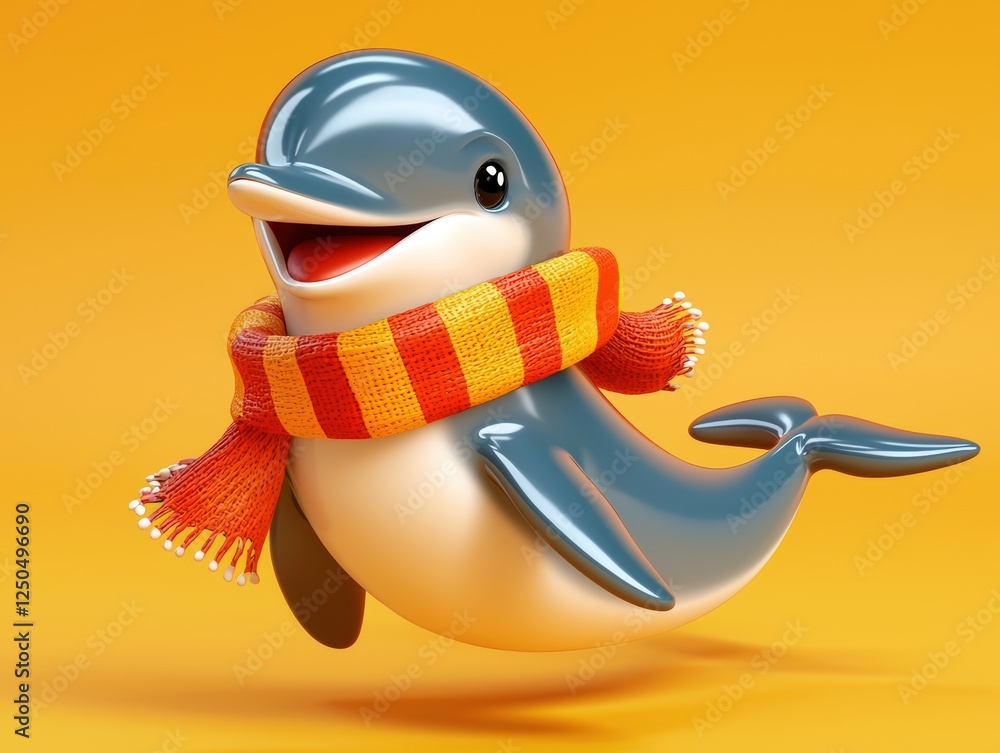 Aufkleber playful dolphin splashing joyfully in 3d rendering with colorful scarf on vibrant orange background