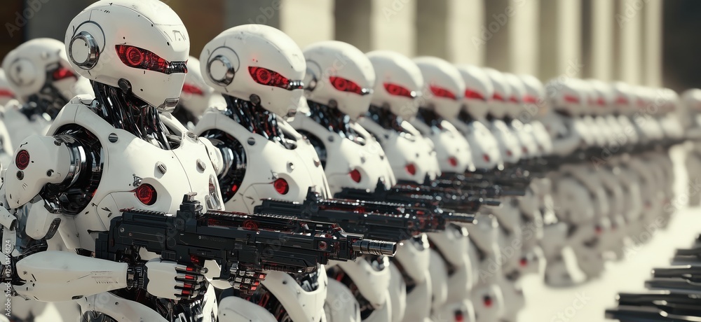 Poster futuristic army of robotic soldiers lined up with advanced weaponry in a high-tech environment, copy