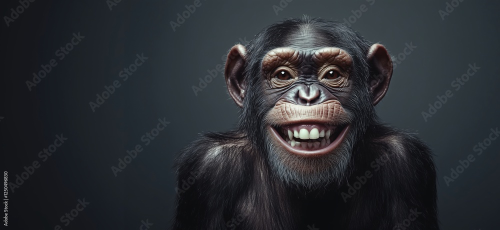 Poster realistic portrait of a smiling chimpanzee with expressive features and detailed fur, copy space for