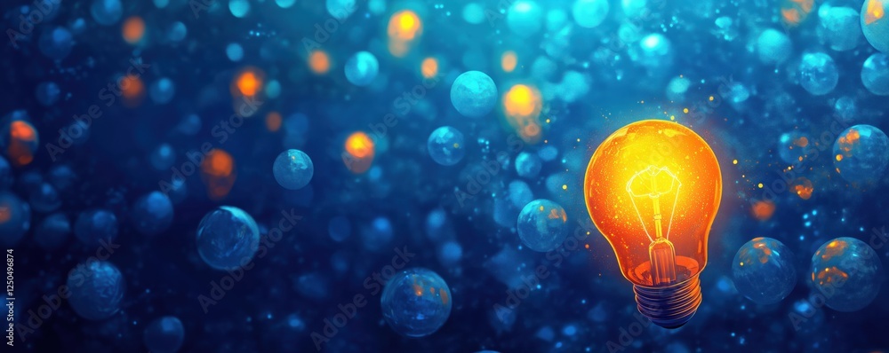 Poster illuminated light bulb glowing in blue abstract background with bubbles and sparkles, copy space for