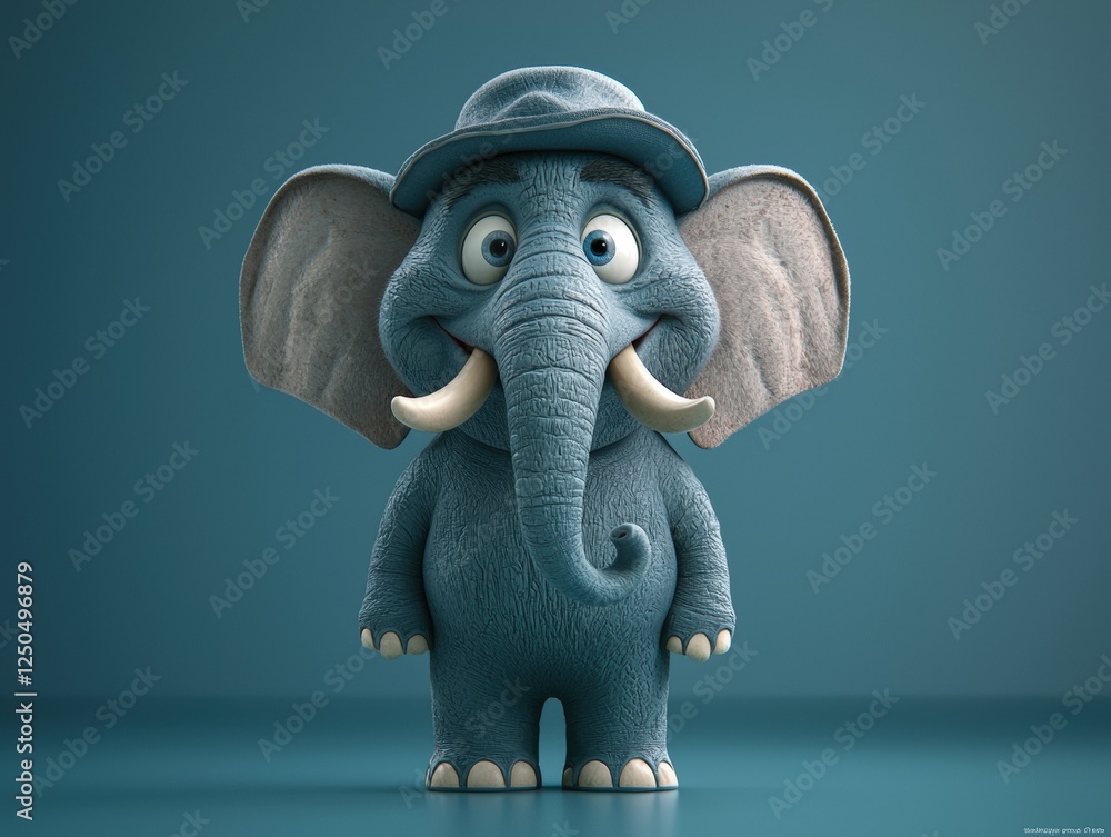 Poster wise old elephant character in 3d rendering with tusks and cap on calm background