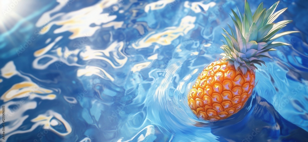 Poster pineapple floating on water surface with reflections and ripples, copy space for text
