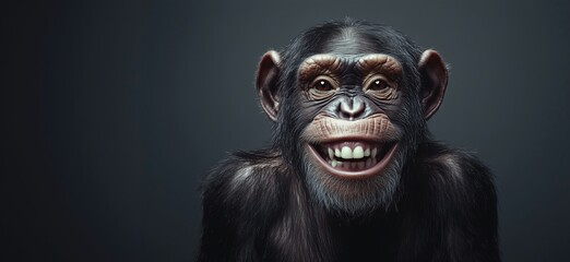 Fototapeta premium Realistic portrait of a smiling chimpanzee with expressive features and detailed fur, copy space for text