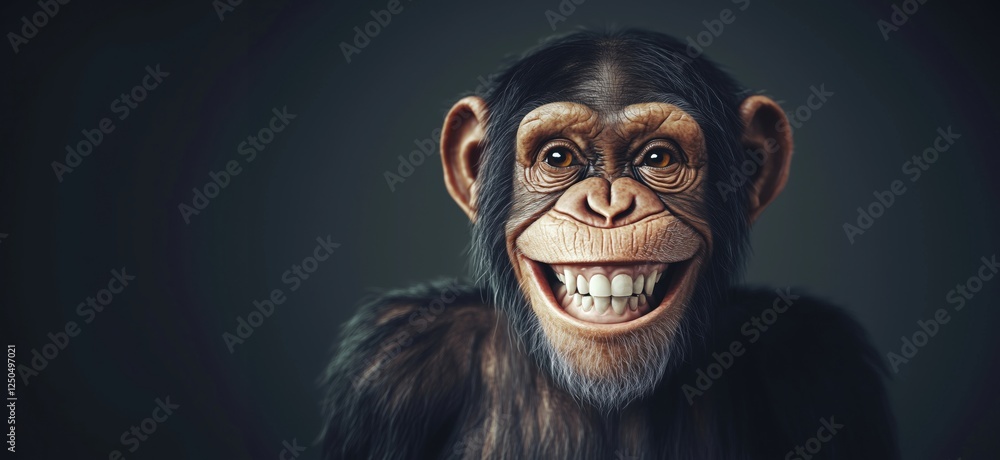 Poster realistic smiling monkey portrait with expressive features and detailed fur texture, copy space for 