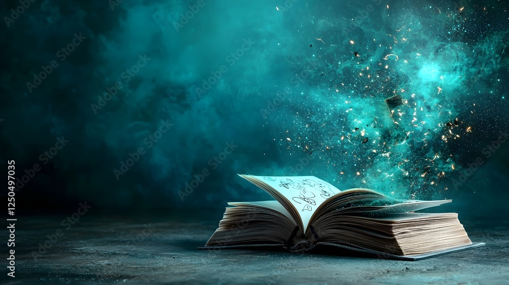 Poster mystical and enchanted open book floating in a surreal ethereal blue green lighting with sparks of e