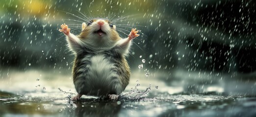 Cute mouse enjoying rain with arms raised in playful pose, splashing water droplets, copy space for text