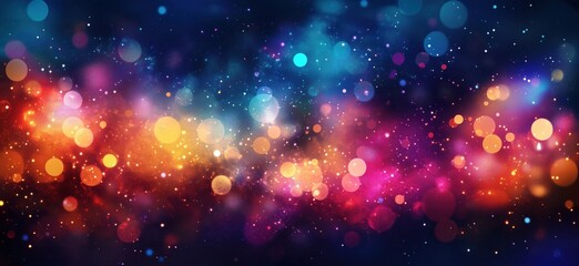 Obraz premium Colorful abstract cosmic background with glowing bokeh lights and starry effects, copy space for text