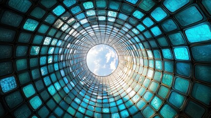 Circular tunnel of blue screens with sky view, data stream concept