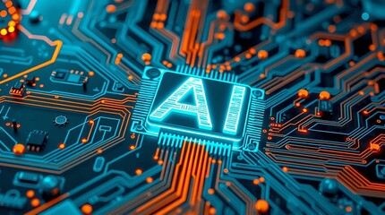 "AI" etched into a futuristic circuit board, glowing cyan and orange lines