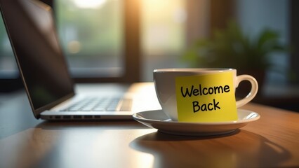 Laptop with a "Welcome Back" Note on Coffee Cup Ready to Work