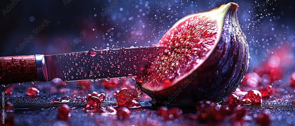 Poster close-up of a fresh fig being sliced with a knife on dark background with water splashes and high-sp