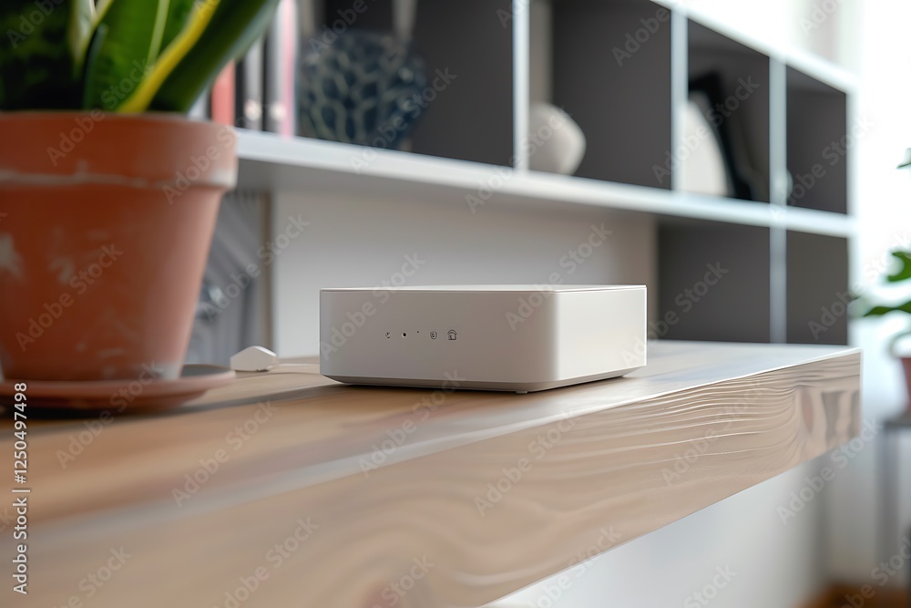 Poster a compact smart home router with advanced security features, positioned on a modern shelf