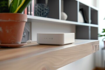 A compact smart home router with advanced security features, positioned on a modern shelf