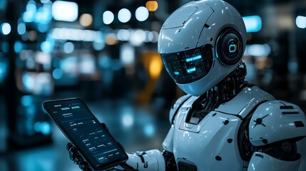 Futuristic Robot Figure Holding a Cell Phone in Its Metallic Hand Surrounded by a High Tech Environment Highlighting the Intersection of Technology and Daily Communication in Modern Society