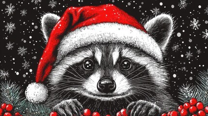 Cute Raccoon Wearing Christmas Hat Surrounded by Winter Decor