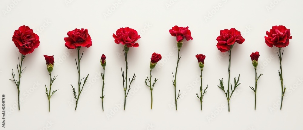 Poster minimalistic arrangement of red carnations in a row on a white background