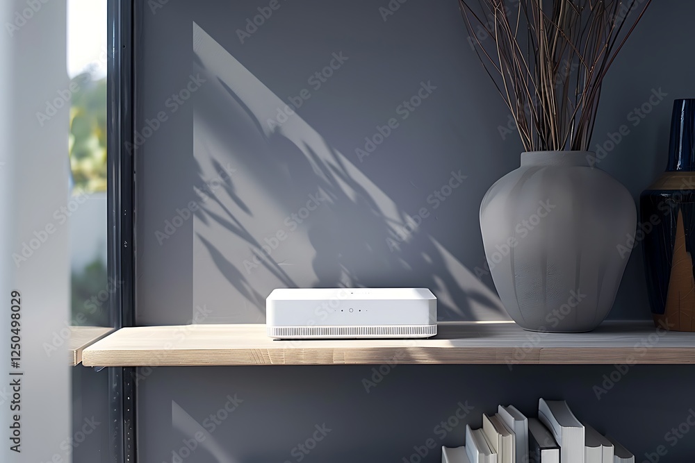Poster a compact smart home router with advanced security features, positioned on a modern shelf