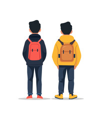 Vector illustration of two young men standing with their backs facing the viewer, wearing backpacks and casual outfits. One wears a hoodie and sneakers, while the other wears a jacket. Isolated on whi