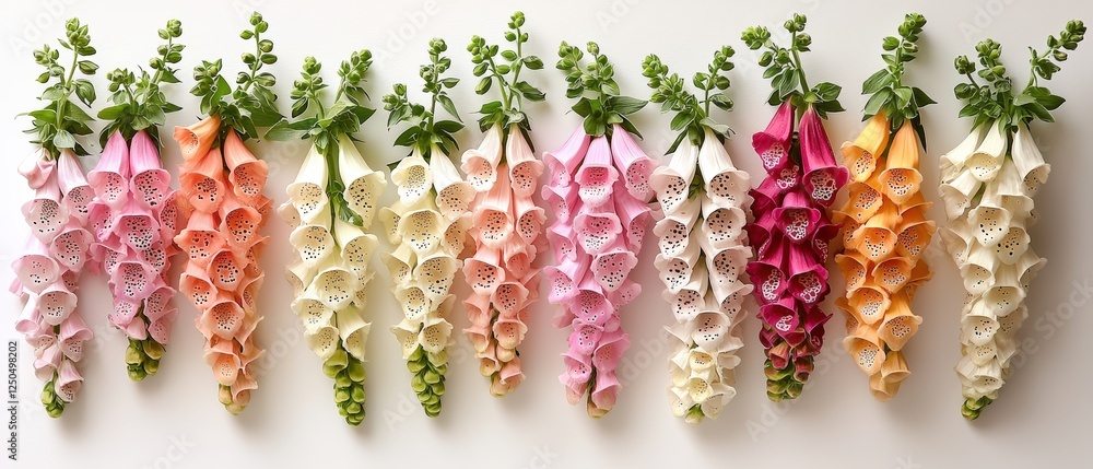 Poster minimalistic arrangement of foxgloves on white background with soft color gradations and elegant flo