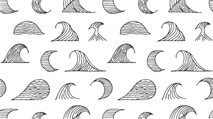 Hand-Drawn Seamless Wave Pattern - Black and White Ocean Doodle Background