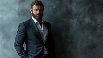 Handsome bearded businessman wearing watch, trendy suit and vest in modern studio against grey wall.