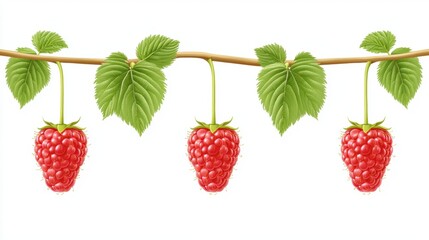 Fresh Raspberries on Green Leaves with White Background