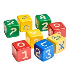 A set of colorful math blocks with numbers and simple math symbols for early arithmetic, isolated on white background on white background - Image