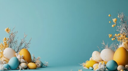 Easter eggs decorated with different colors on a blue background and space for text in the center