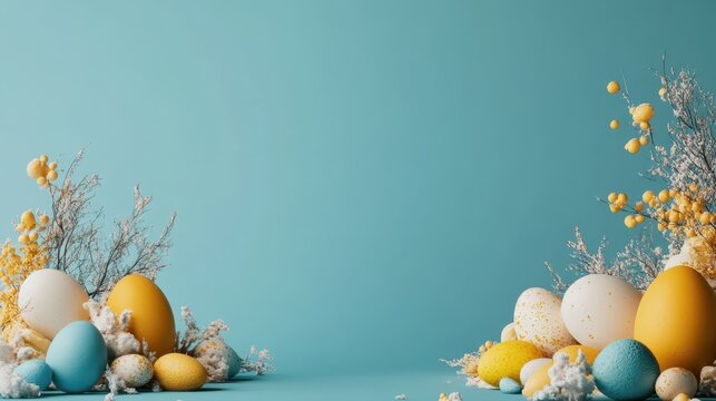 Easter eggs decorated with different colors on a blue background and space for text in the center