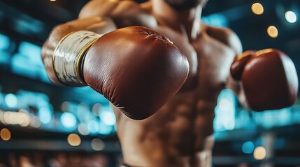 A man wearing boxing gloves strikes a pose against a vivid green background, showcasing his strength and athleticism. The bright green backdrop accentuates the intensity of his stance