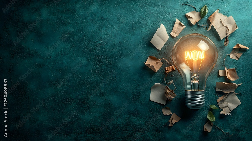 Poster glowing light bulb surrounded by crumpled paper shreds representing the spark of creativity innovati