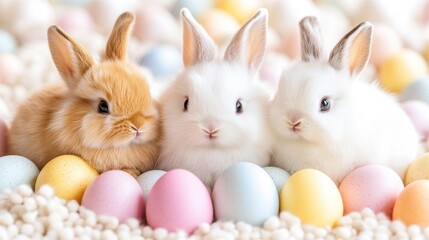 Cute Rabbits Surrounded by Colorful Easter Eggs and Decorative Filler