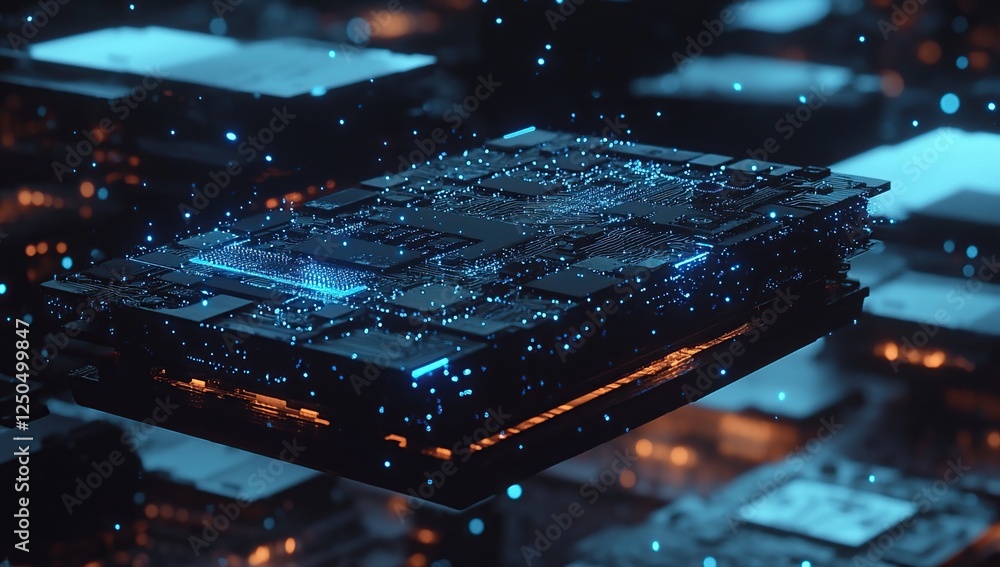 Poster exploring futuristic circuit boards: advanced technology's intricate designs and glowing components 