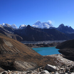 Lake Gokyo and Mount Everest seen from Renjo La pass, Nepal.