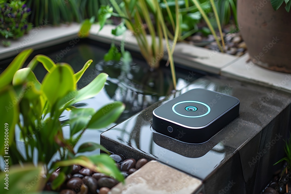 Poster a high-tech smart irrigation system, with a sleek controller and smartphone app interface
