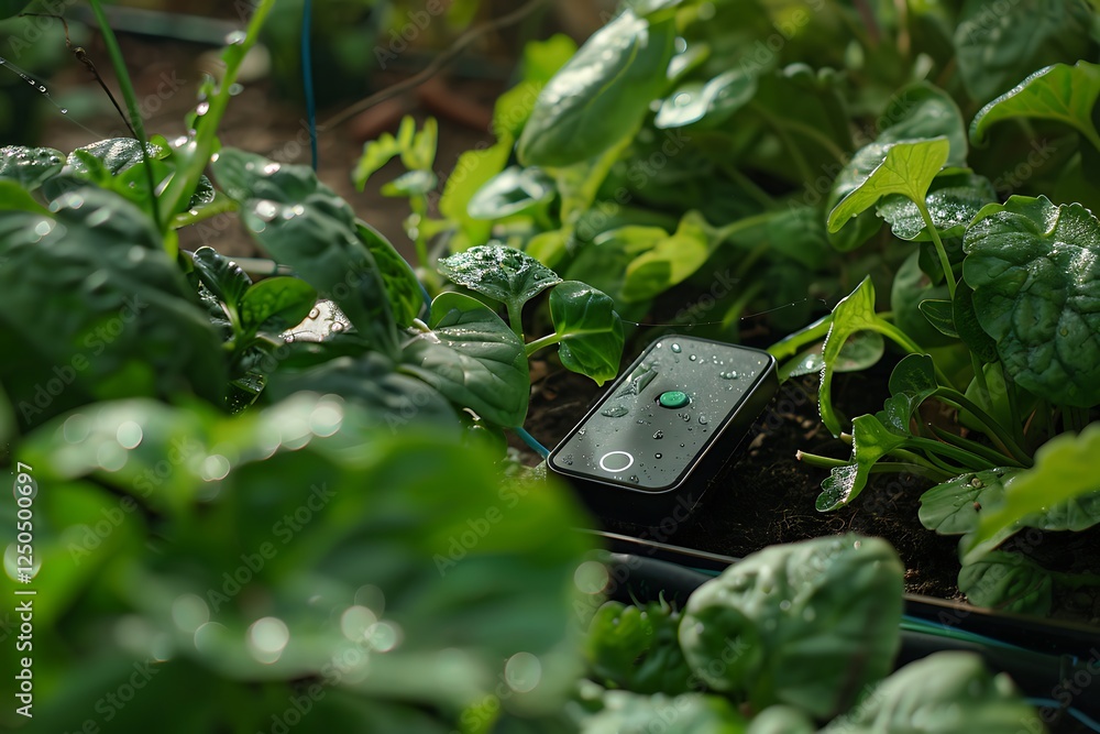 Poster a high-tech smart irrigation system, with a sleek controller and smartphone app interface