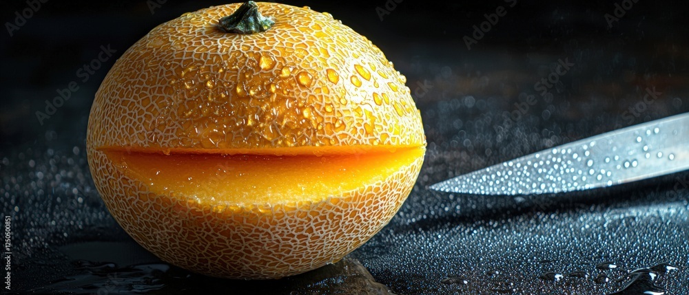 Poster close-up shot of honeydew melon being sliced with knife on wet surface capturing freshness and textu