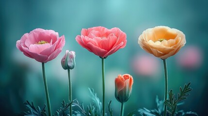 Obraz premium Colorful poppies bloom in garden with soft bokeh background