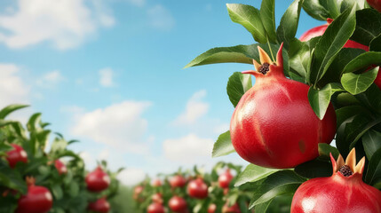 Organic pomegranate grove, water conservation methods, 3D illustration
