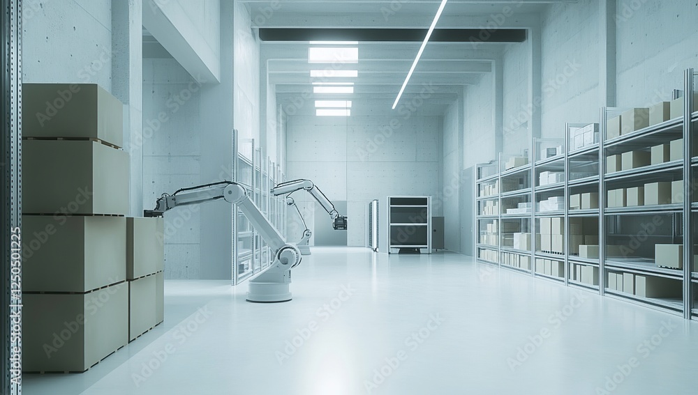 Poster automated warehouse robots efficiently manage inventory in modern facility