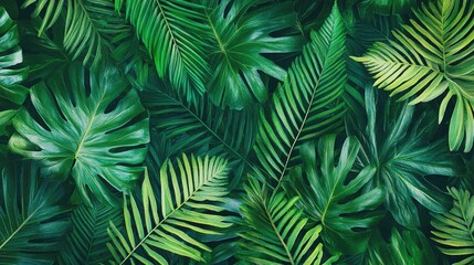 Lush Tropical Foliage: A Vibrant Green Jungle of Ferns and Monstera
