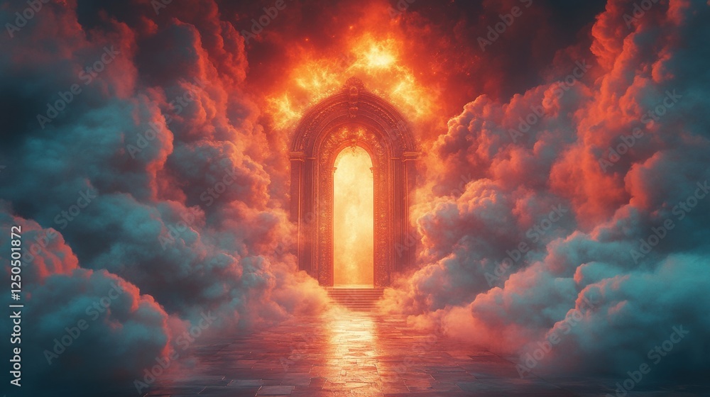Poster a luminous open door surrounded by ethereal clouds illumined by radiant light representing the gatew